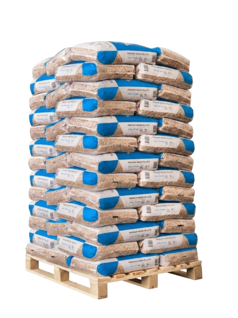 Premium Wood Pellets – Full Pallet (65x15kg) Bags — ENplus A1 certified 6 mm wood pellets made from Estonian pine and spruce